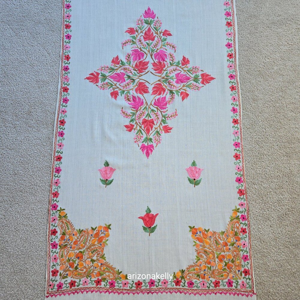 Wool Scarf with Chain Stitch Embroidery Shawl Wrap Floral - Picture 8 of 15